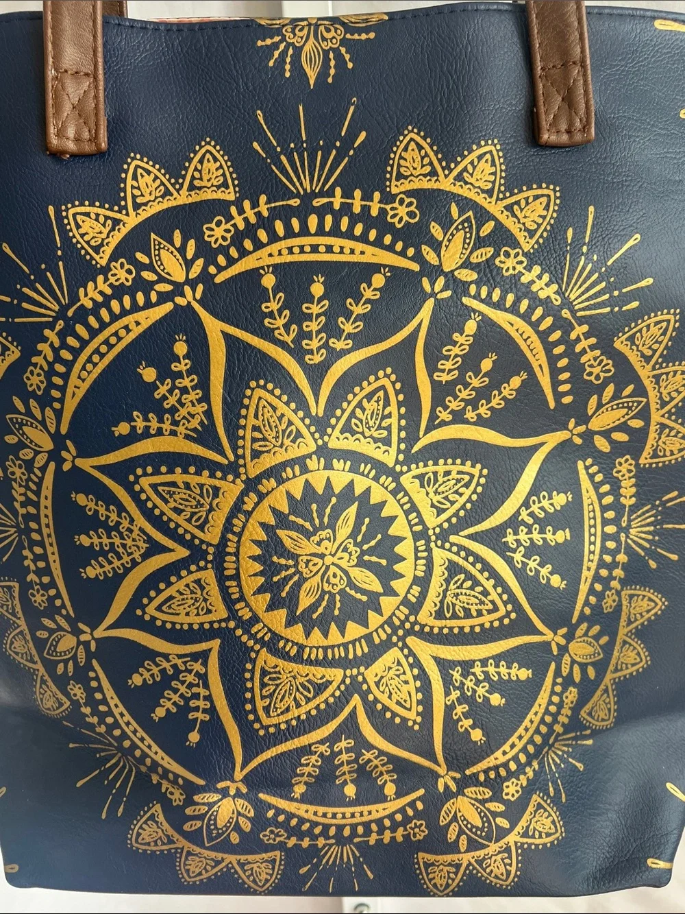 Papaya Navy Tote with Gold Mandala and Brown Straps Pink Satan Lined